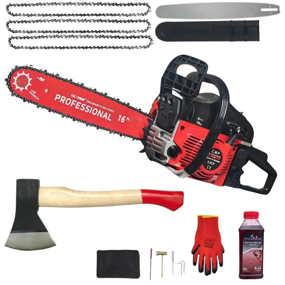 8.5CP *PACHET* Drujba benzina + 3 lanturi + 1 lama + TOPOR 600G, x1 ulei ameste 0.5l + accesorii + manusi protectie, MOTOYAMA JAPAN