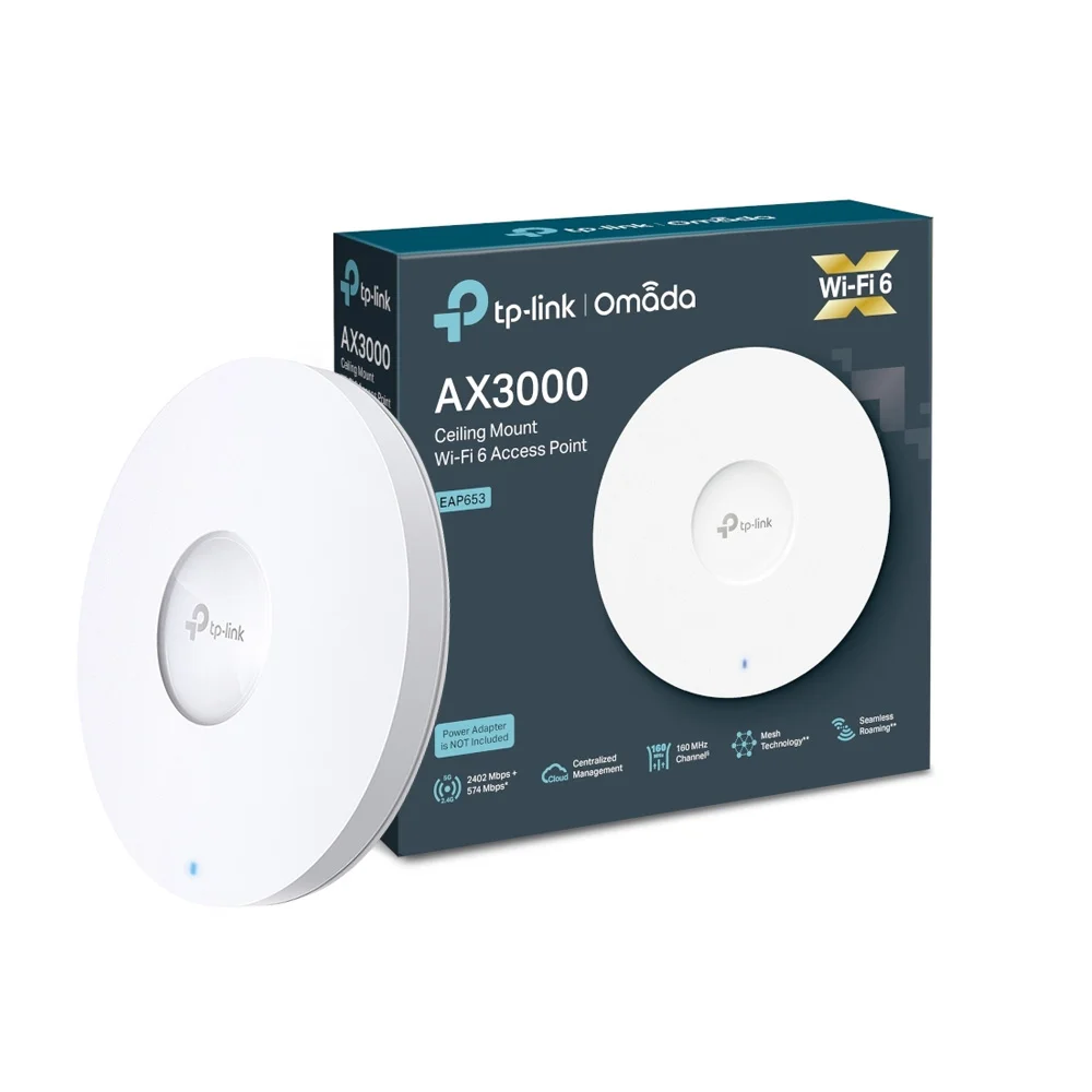 Acces Point wireless TP-Link AX3000 EAP653, WiFi 6, 1x port gigabit, 2402 Mbps, 2.4/5.0 GHz, 16 SSID, PoE, Omada SDN, cu management