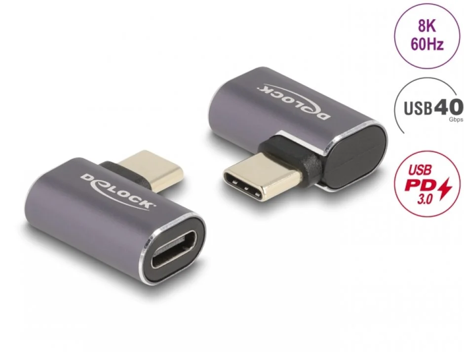 Adaptor USB 4 type C 8K60Hz/4K144Hz 100W 40Gb T-M unghi stanga/dreapta, Delock 60047
