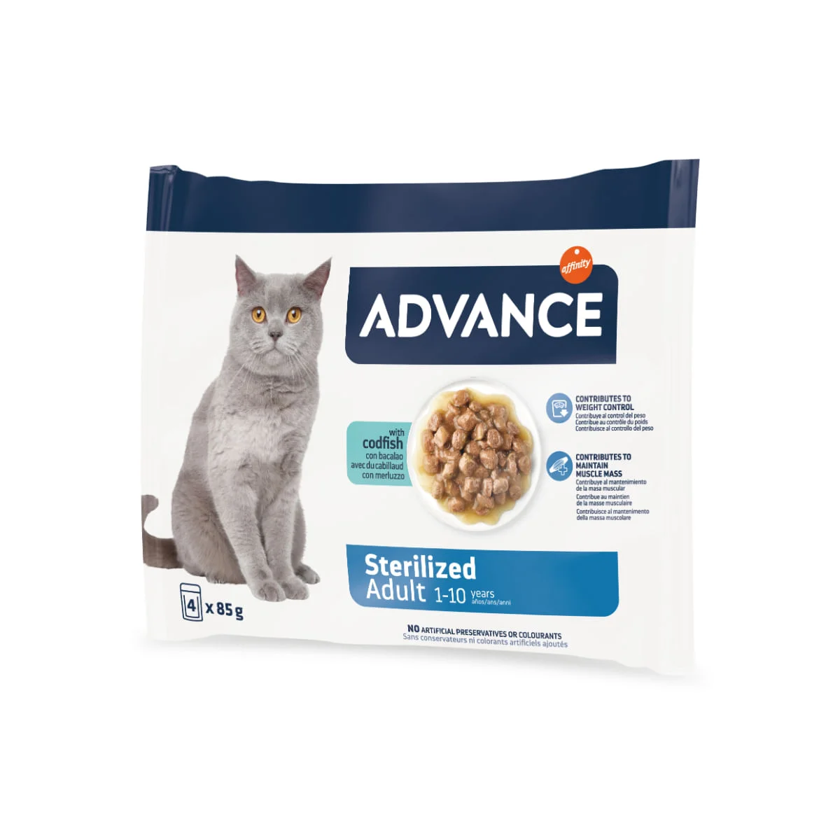 ADVANCE Sterilised, Cod, plic hrană umedă pisici sterilizate, (în sos), multipack, 85g x 4buc