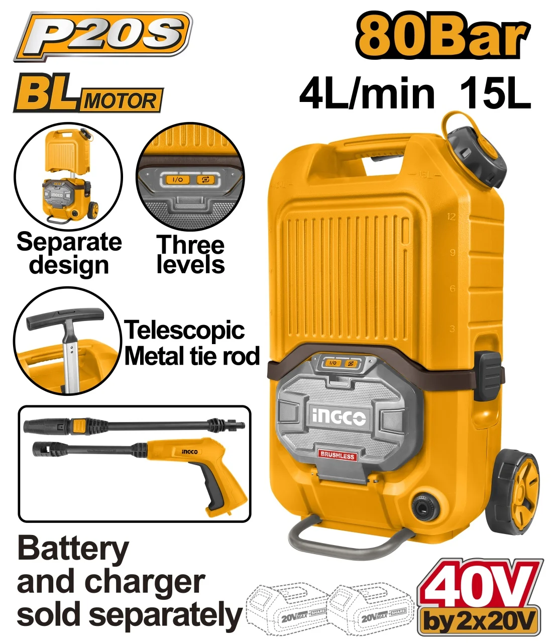 Aparat de Spalat cu Presiune turbojet 40V, 90bar, 15l, electric pe acumulator Ingco CPWLI4006