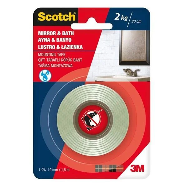 Banda Dublu Adeziva Permanenta Montare Suprafete din Baie - 3M Scotch Mirror &amp; Bath Mounting Tape 2 kg, 19 mm x 1.5 m, 1 buc