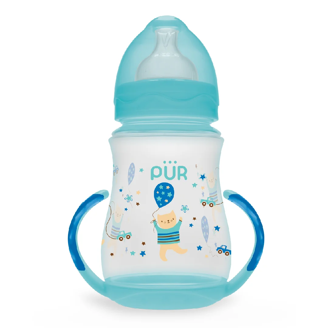 Biberon cu gura larga, desen si manere, verde, +6luni, 250ml, PUR