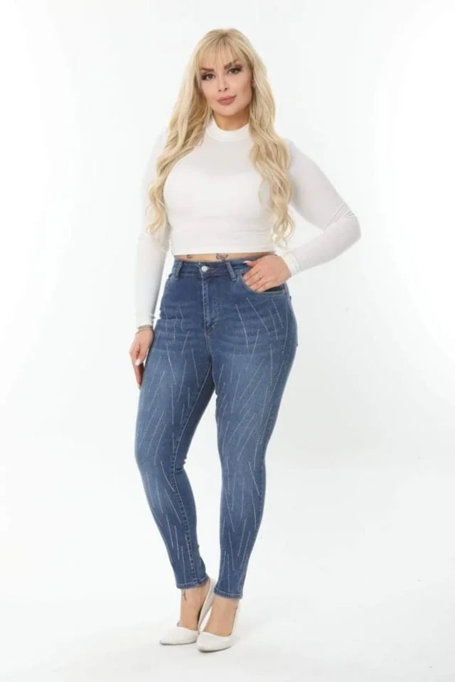 Blugi batal Miara, croiala conica cu extra elastan, aplicatii frontale si talie inalta, Albastru