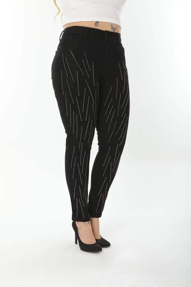 Blugi batal Miara, croiala conica cu extra elastan, aplicatii frontale si talie inalta, Negru