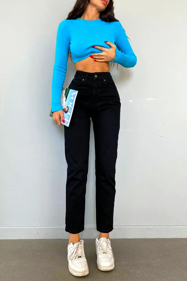 Blugi boyfriend Phenia, cu talie inalta si fara elastan, Negru