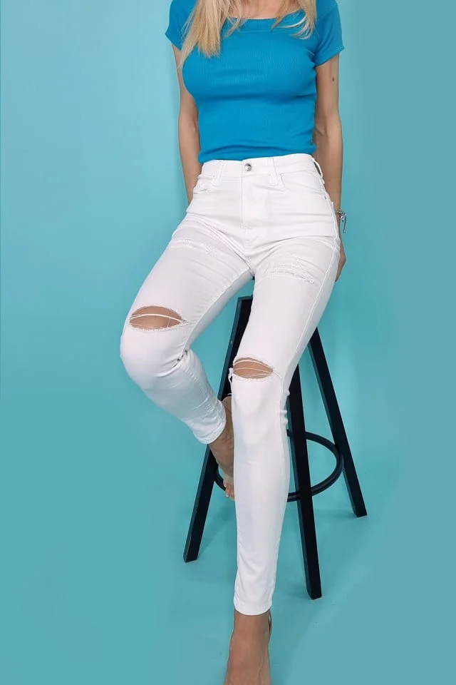 Blugi dama Aria, cu talie inalta si taieturi la genunchi