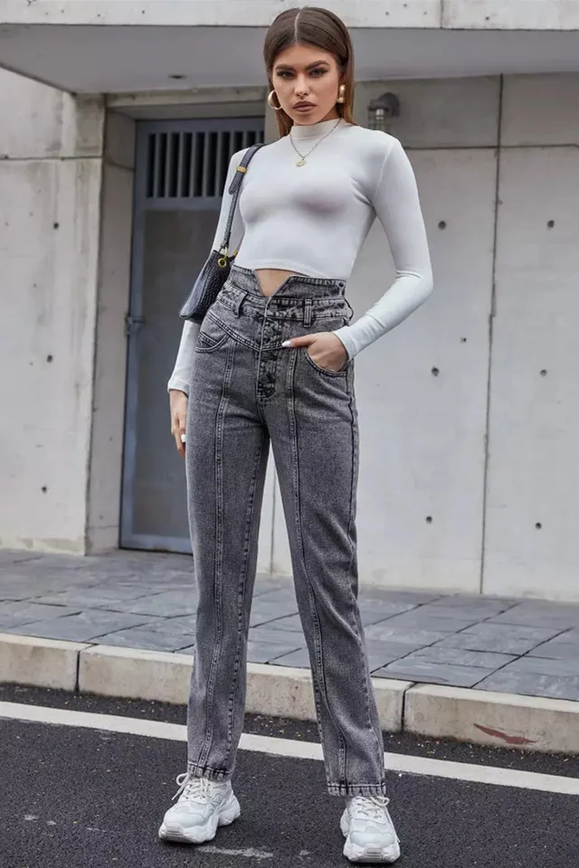 Blugi dama Lisa, cu talie inalta si croiala mom fit, Gri