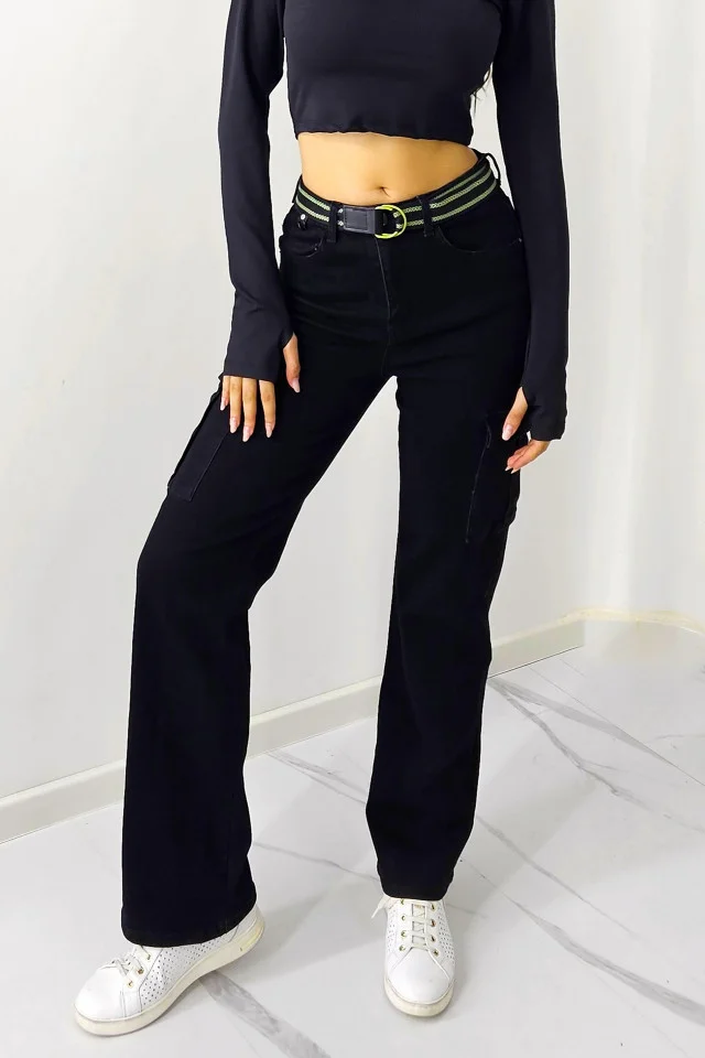 Blugi dama LYV, cu talie inalta, croiala cargo si curea asortata, Negru