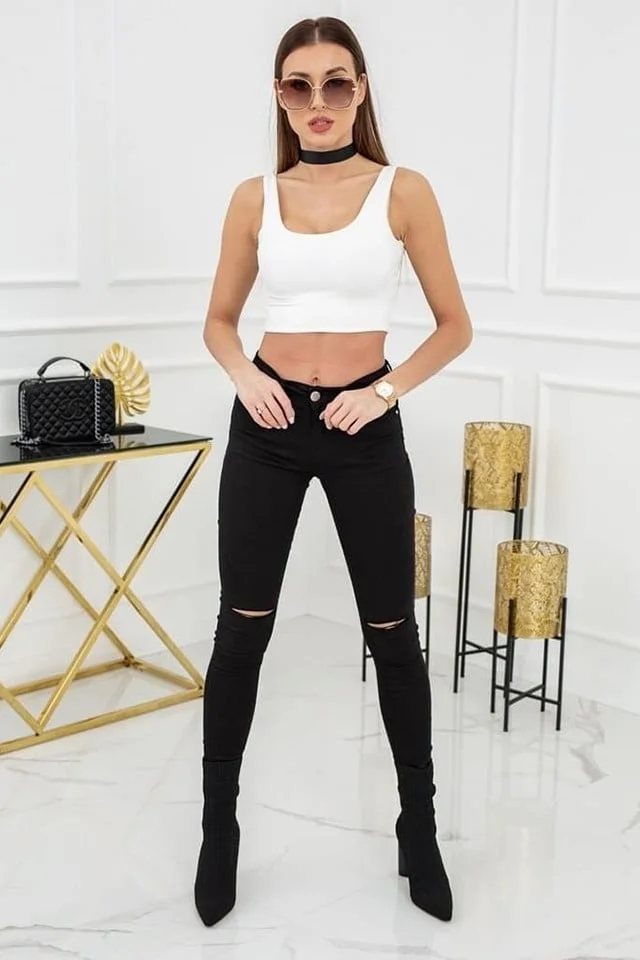 Blugi dama skinny, Peyoa, cu talie inalta si taieturi la genunchi