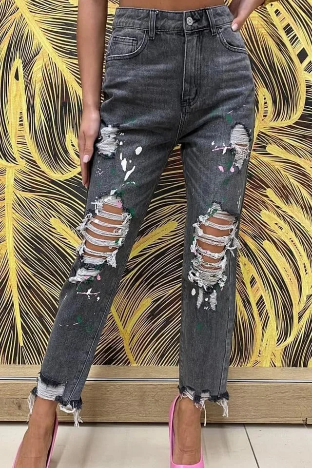 Blugi dama Slime, cu talie inalta si taieturi, Gri