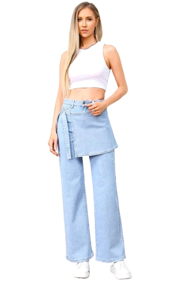 Blugi evazati Atlanta, cu panou suprapus si aspect prespalat, Albastru deschis