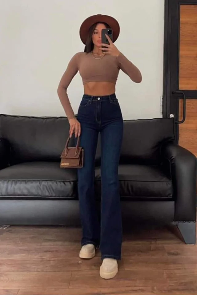 Blugi evazati Kasim, cu talie inalta , Bleumarin