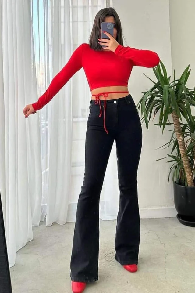 Blugi evazati Kasim, cu talie inalta , Negru