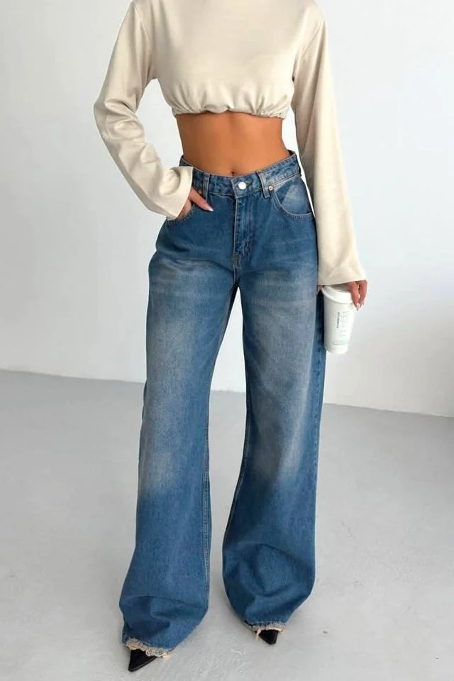 Blugi largi Zuria, croi lung si curelusa decorativa, spate, Albastru