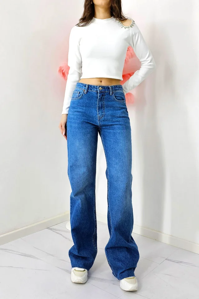 Blugi mom fit baggy ReBELLE, cu talie inalta si croi drept, Albastru denim