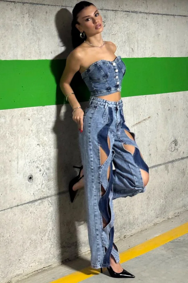 Blugi mom fit decupati Caracas, cu panouri impletite, doua nuante, Albastru