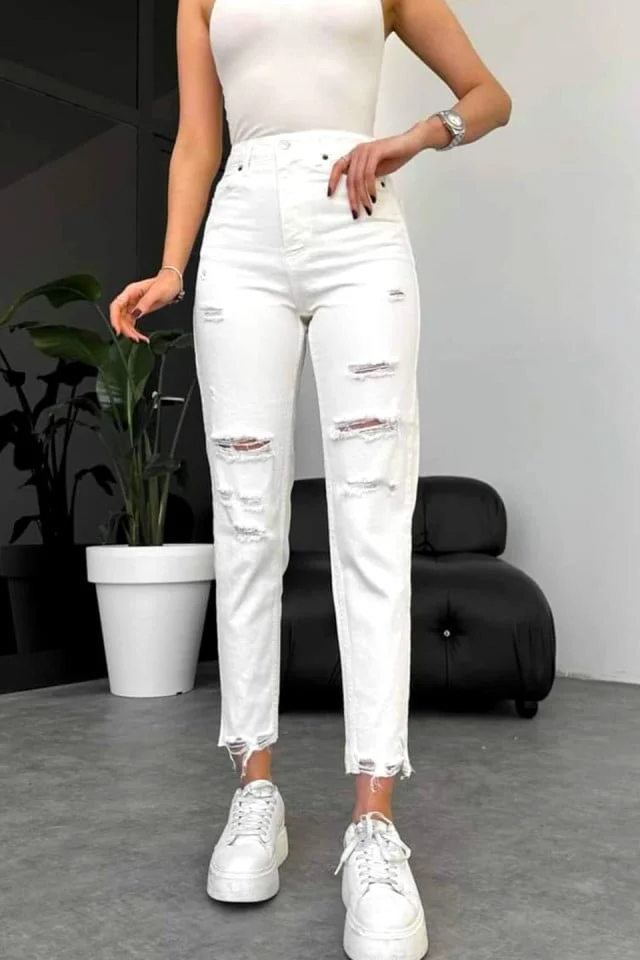 Blugi mom slimfit Mauris, cu perforatii ample pe linia piciorului, Alb