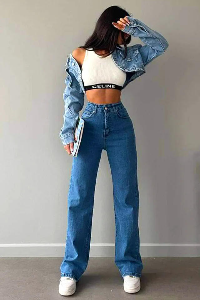 Blugi wide leg Gilbert, cu super elastan si talie inalta, Albastru deschis