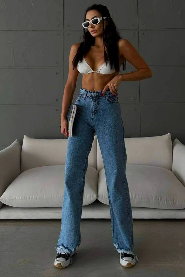 Blugi wide leg Yukatan, cu tiv perforat si aspect prespalat, Albastru deschis