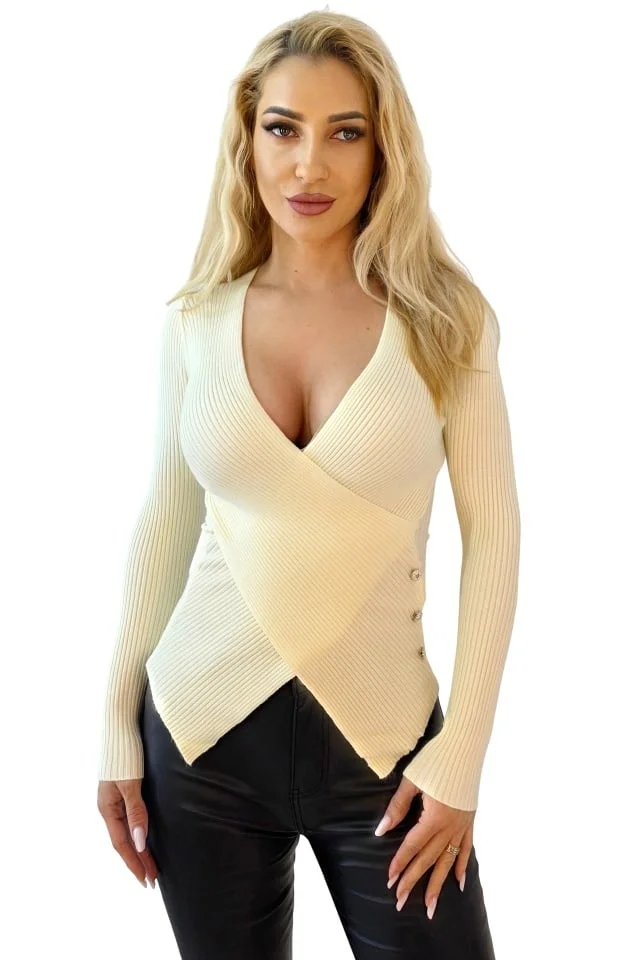 Bluza bandage, asimetrica Miss Lady, cu decolteu petrecut, Crem