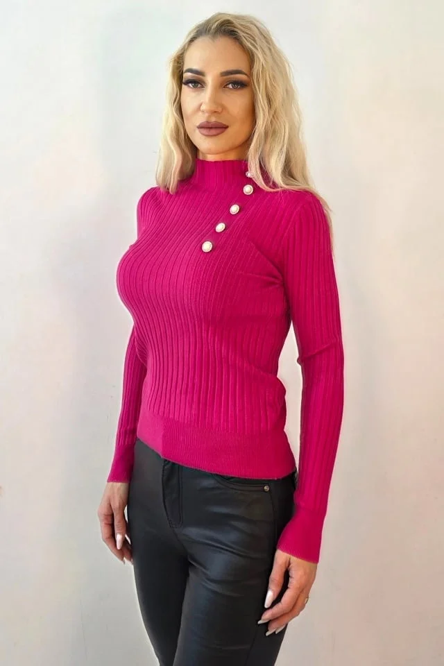Bluza de dama ELORIA, cu guler inalt si nasturi perlati, Fucsia