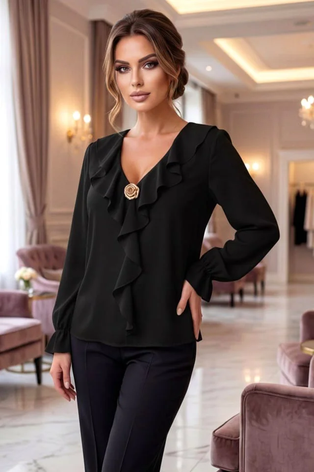 Bluza eleganta de dama, NORIA, cu volane si brosa aurie, Negru, Marime S/M