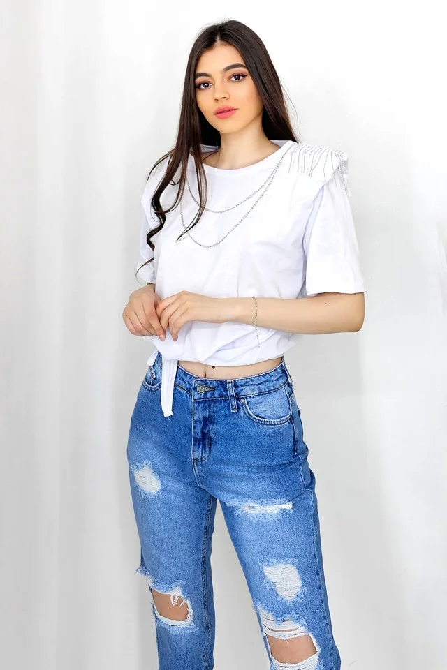 Bluza eleganta Kim, cu legare in talie si accesorii metalice cu cristale, Alb