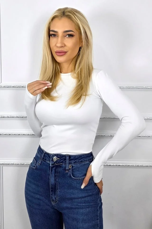 Bluza midi BASIC, cu guler rotund si fenta deget, ALB