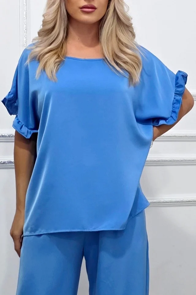 Bluza vaporoasa NORYA, cu maneca scurta si volane, Albastru deschis