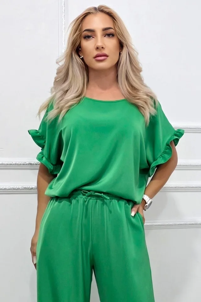 Bluza vaporoasa NORYA, cu maneca scurta si volane, Verde