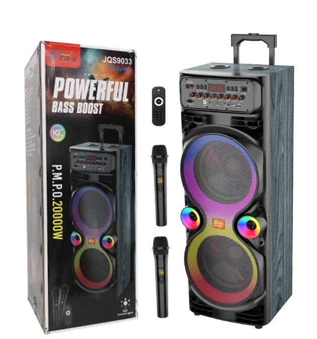 Boxa portabila JQS9033 putere 20000W PMPO Bass Boost RGB 2 microfoane 2 x 10inch