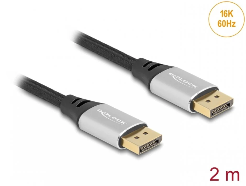 Cablu Displayport 16K60Hz/8K120Hz/4K240Hz T-T 2m brodat Gri, Delock 80634