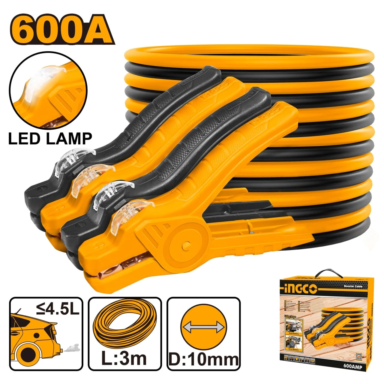Cabluri Pornire Auto 600A, 3m cu Led Ingco HBTCP6008L