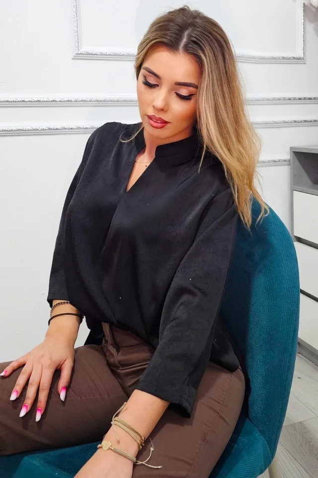 Camasa creponata Yolanda, cu guler tunica si croi artizanal, Negru, Marimi Large