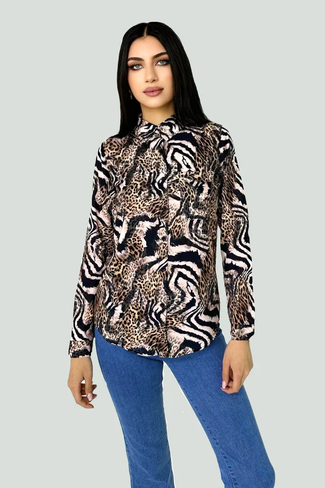 Camasa dama Ivia, cu maneci lungi, croiala clasica si buzunar decorativ, Animal print