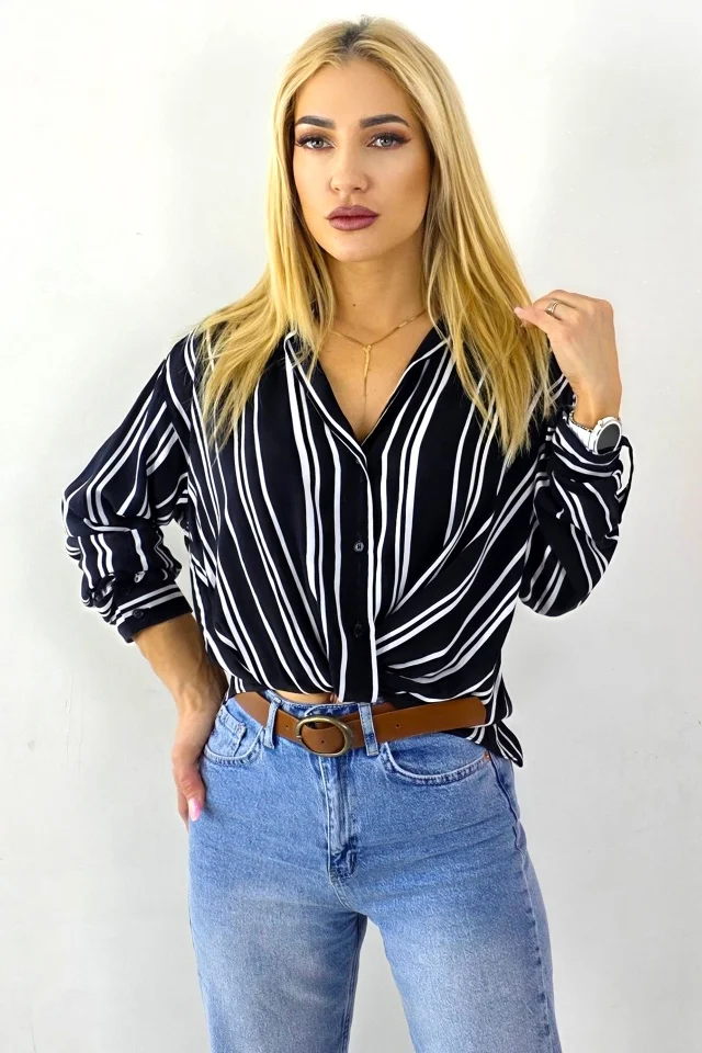 Camasa dama LOVINA, cu dungi si nod wrap, Negru/Alb
