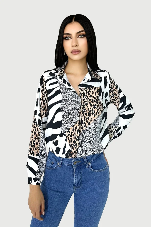 Camasa dama Mozaic, cu maneci lungi, mansete si croiala dreapta clasica, Animal print