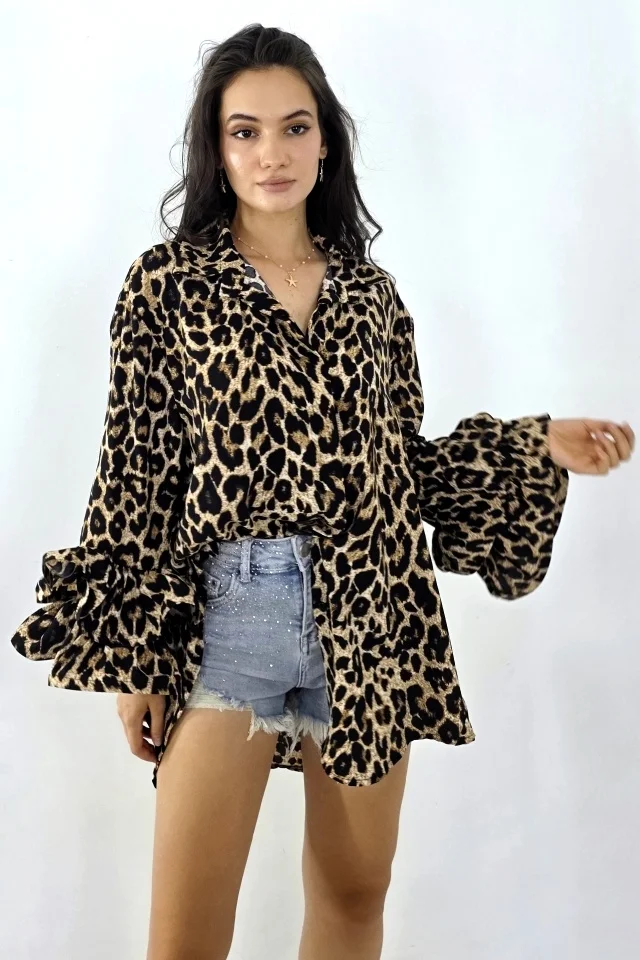 Camasa de ocazie Sugar LoLLy, cu volane si croi supradimensionat, Leopard, Marime S/M/L