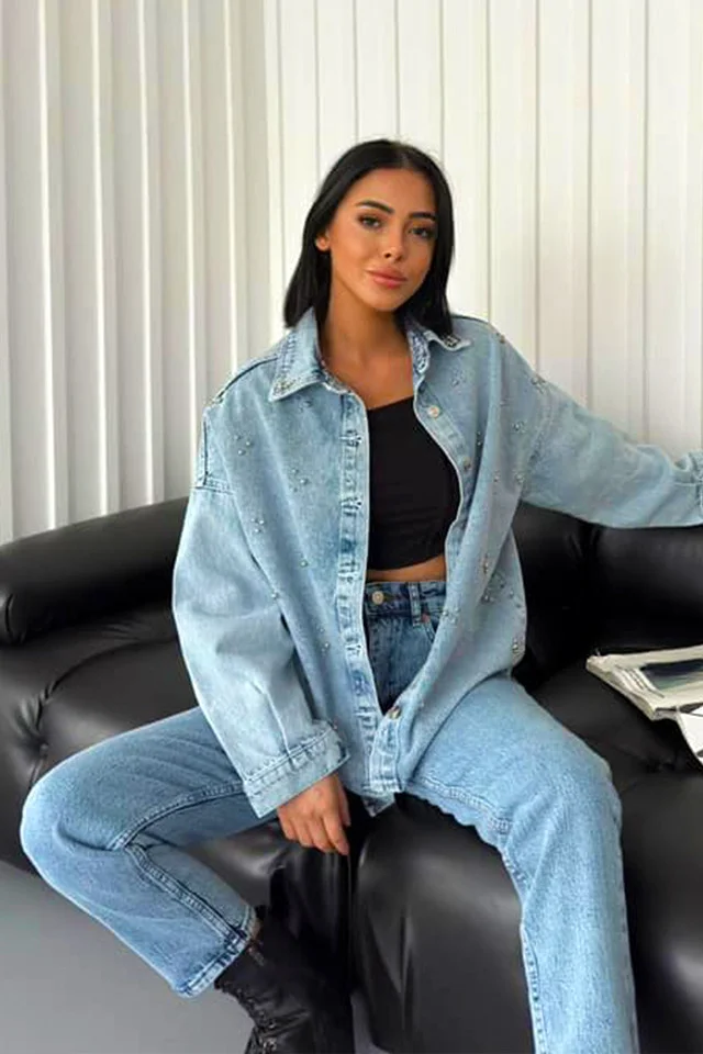 Camasa denim AnKara, croi mediu, asimetric si perle artizanale argintii