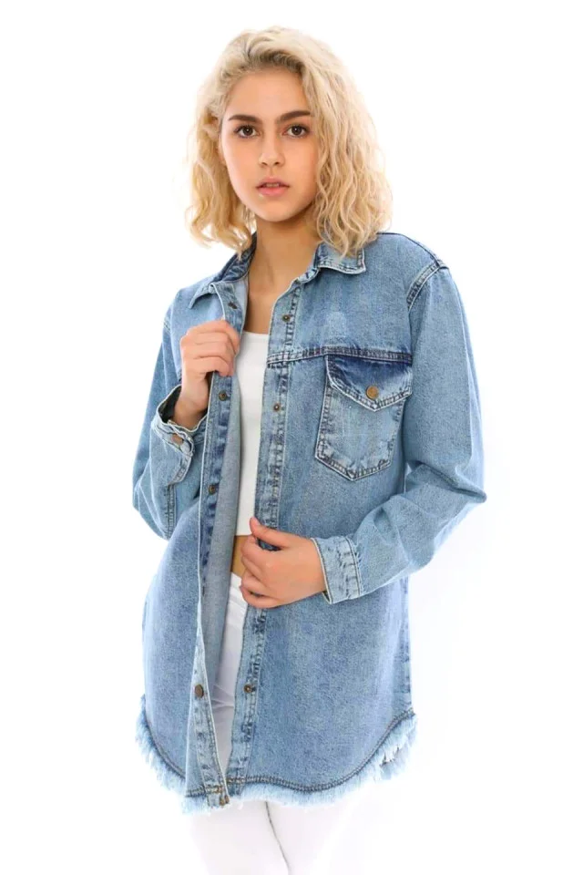 Camasa denim Fringe, croi lung si franjuri la baza croielii, Albastru