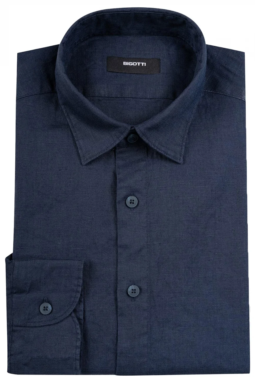 Camasa din in slim bleumarin uni  S