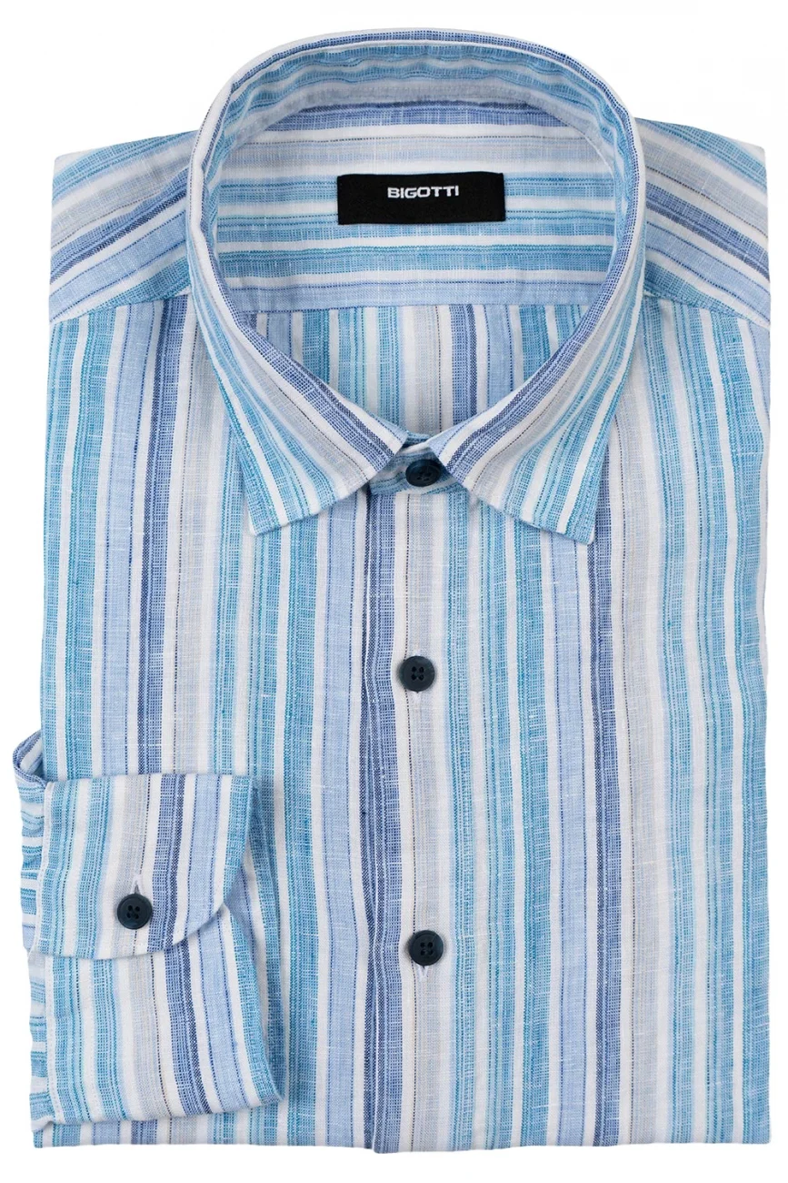 Camasa din in slim in dungi alba S