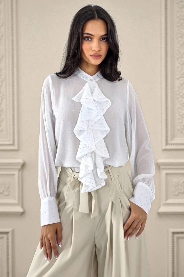 Camasa eleganta cu jabou Daliah si cristale, ALB, Marime S/M