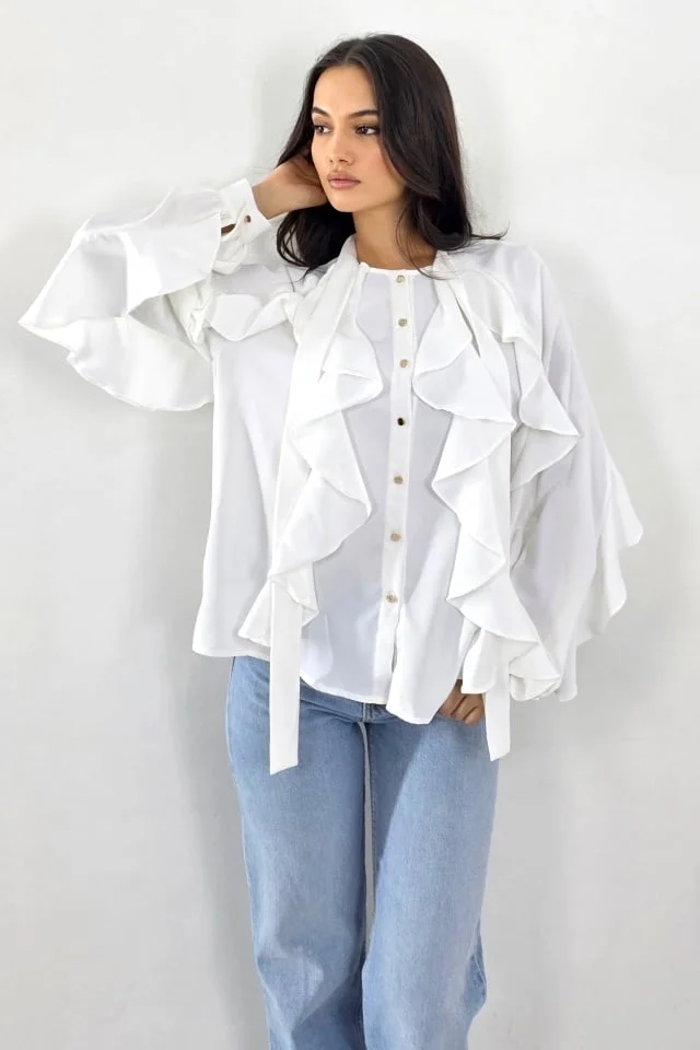 Camasa eleganta Jordany, cu volane multiple si detaliu cravata, ALB