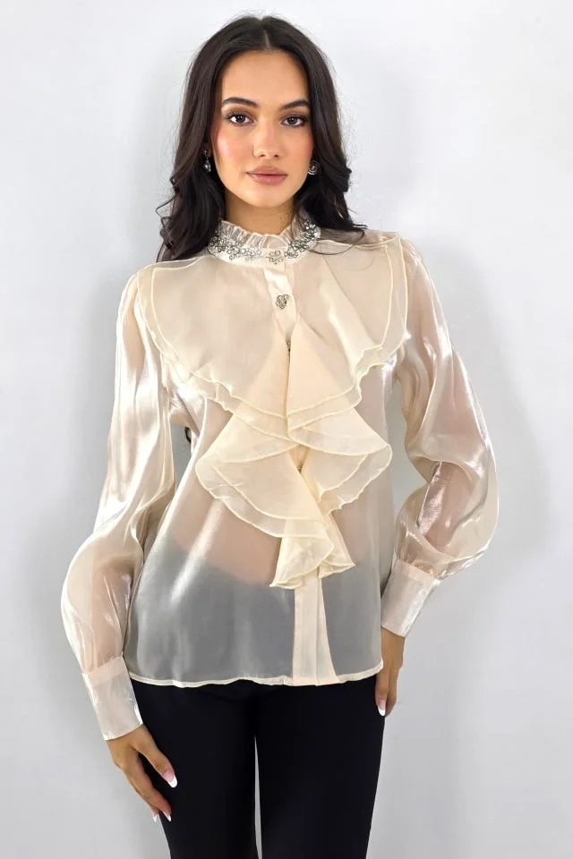 Camasa eleganta, transparenta Costanza, cu jabou si cristale, Crem, Marime S/M