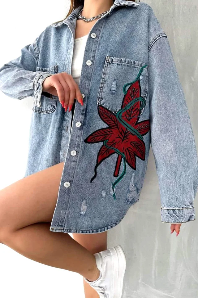 Camasa lunga din denim, Sahar, cu perforatii, Abyss, Albastru deschis