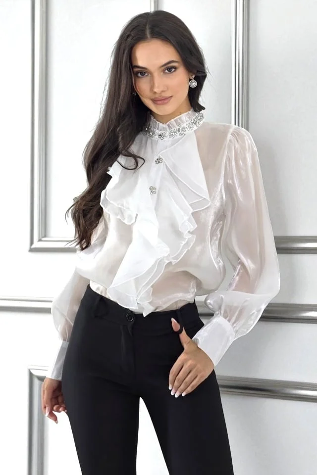 Camasa pentru evenimente Costanza, cu volane si cristale, ALB, Marime S/M