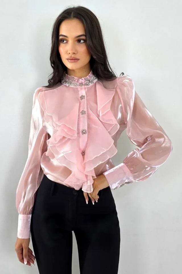 Camasa pentru evenimente Costanza, cu volane si cristale, ROZ, Marime S/M