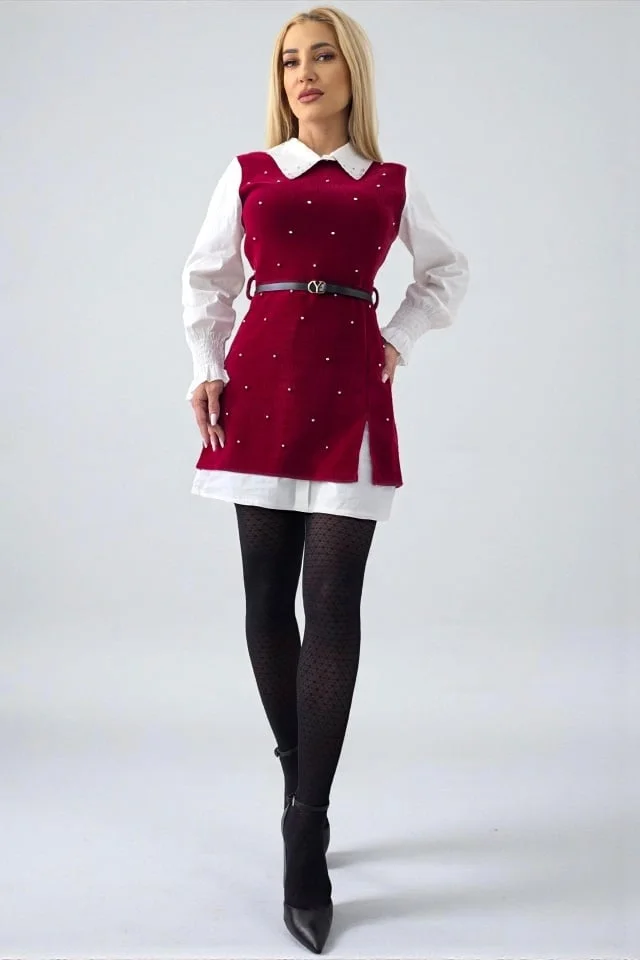 Camasa rochie Iuliana, cu sarafan aplicat si curea asortata, Rosu bordo, Marime S/M